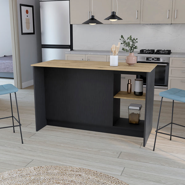 English Elm Kitchen Island Padua 59" Worktop Black/Macadamia with Open Shelves, Double-Door Cabinet Storage and Durable Finish B092S00170