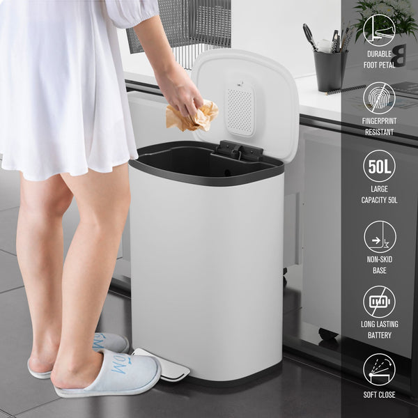 English Elm Curved Kitchen Trash Can 50L 13 Gallon Foot Pedal Soft-Close Stainless Steel Trash Bin, Sleek Design White W1550137559