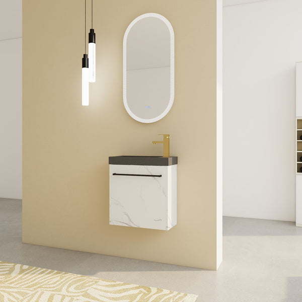 English Elm 20'' Floating Wall-Mounted Vanity with Resin Sink, Soft-Close Door & Open Shelves for Compact Baths White+Black W999P143207