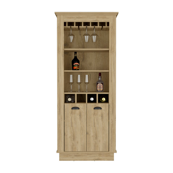 English Elm Bar Cabinet Provo Macadamia Beige – Elegant Living Room Wine Display with 4 Racks, Stemware & Shelves B092S00165