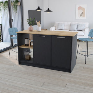 English Elm Kitchen Island Padua 59" Worktop Black/Macadamia with Open Shelves, Double-Door Cabinet Storage and Durable Finish B092S00170