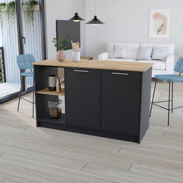 English Elm Kitchen Island Padua 59" Worktop Black/Macadamia with Open Shelves, Double-Door Cabinet Storage and Durable Finish B092S00170