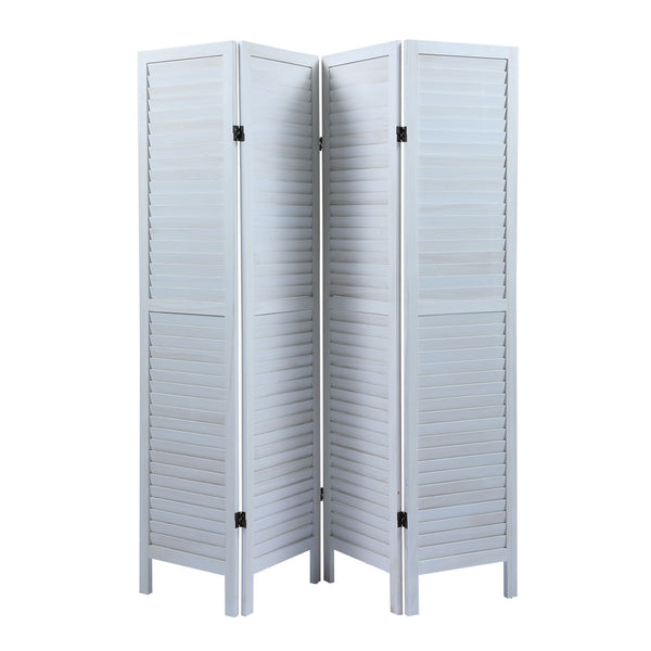 English Elm Sycamore 4-Panel Folding Louvered Room Divider in Old White — Lightweight Sycamore Wood Screen, 63.6" W2181P146770