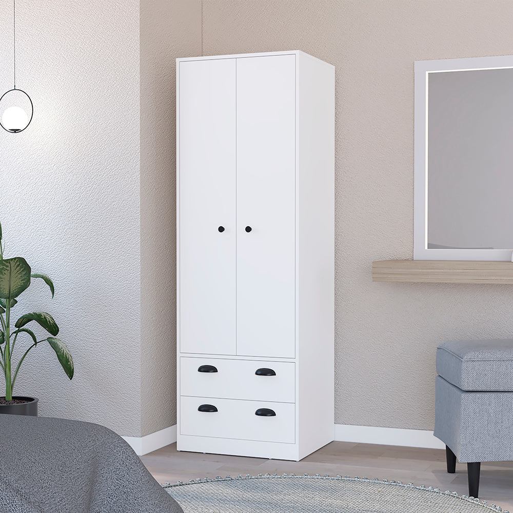 English Elm Armoire Hobbs White 2-Door Wardrobe with Hanging Rod & 2 Deep Drawers, Sleek Handles, Durable Particleboard B092S00155