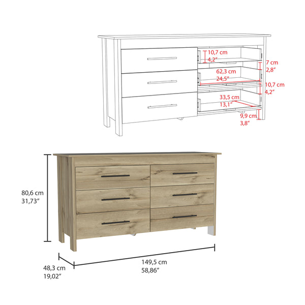 English Elm 6 Drawer Double Dresser Wezz Light Oak White – Durable Particleboard, Black Metal Pulls & Smooth All-Metal Glides B092S00142