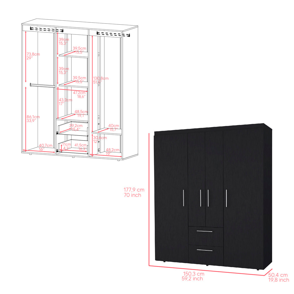 English Elm Armoire Elma Black Bedroom Wardrobe with Drawer, Dual Rods & 3 Shelves — Sturdy Six-Leg Design, Easy Assembly B092S00176
