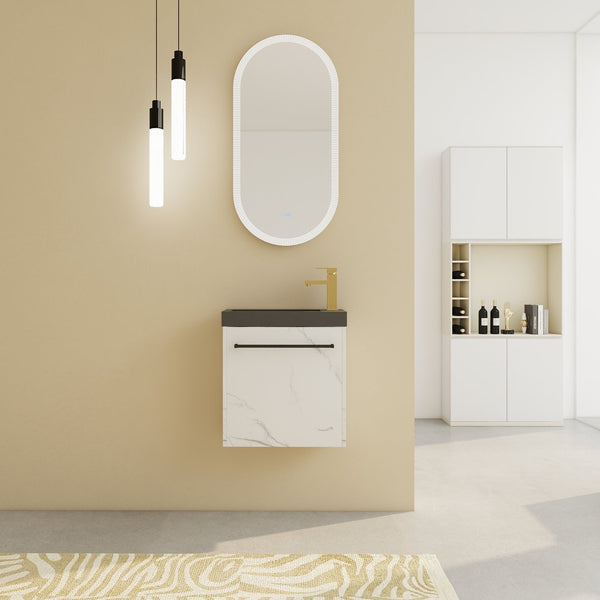 English Elm 20'' Floating Wall-Mounted Vanity with Resin Sink, Soft-Close Door & Open Shelves for Compact Baths White+Black W999P143207