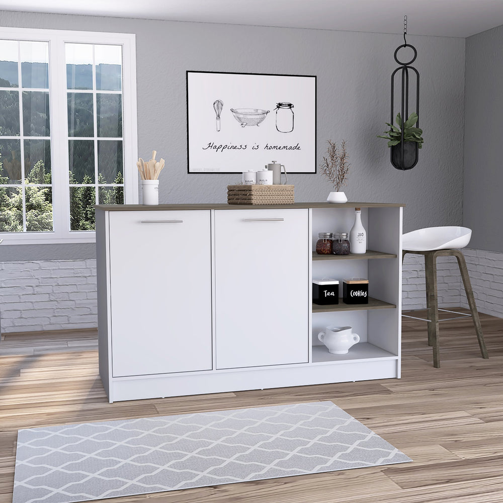 English Elm Kitchen Island Teramo White & Dark Brown – Durable Particle Board, 59" Countertop, Cabinets, Shelves, Metal Hardware B092S00127