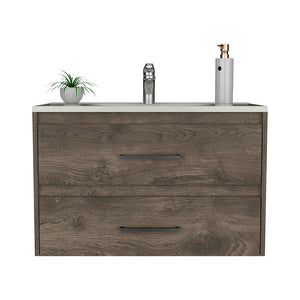 English Elm Wall Mounted Bathroom Vanity Alma - Dark Brown/White Wall-Mount Sink Cabinet with Two Drawers, Durable Particleboard Storage (36"x22") B092S00159