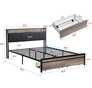 English Elm Queen Upholstered Platform Bed Steel Frame Usb Charging Under Bed Storage Modern W311133402