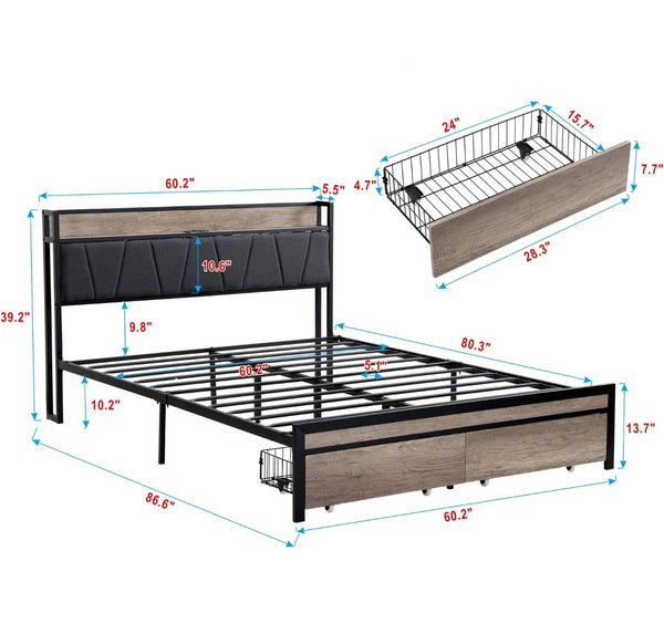 English Elm Queen Upholstered Platform Bed Steel Frame Usb Charging Under Bed Storage Modern W311133402