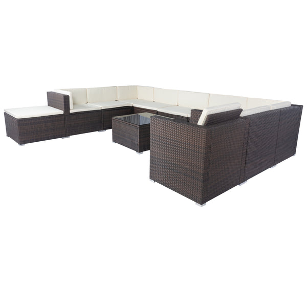 English Elm 11 Piece Patio Wicker Conversation Set with 10 Seats, Modular Layout, 3 Under-Seat Storage Boxes, Brown Wicker White Cushions W329S00047