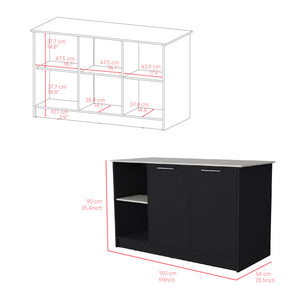English Elm Kitchen Island Padua 59" Countertop onyx & black finish with open shelves, double-door storage, durable design B092S00171