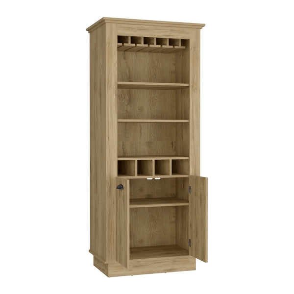 English Elm Bar Cabinet Provo Macadamia Beige – Elegant Living Room Wine Display with 4 Racks, Stemware & Shelves B092S00165