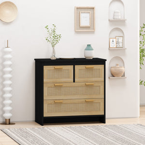 English Elm 4 Rattan 4-Drawer Cabinet Black — Stylish Storage for Bedroom, Living Room, Dining, Hallway, Easy Assembly W757137660