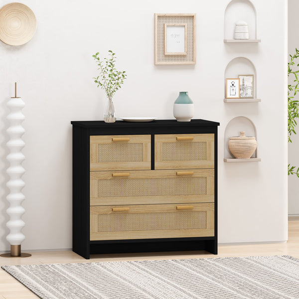 English Elm 4 Rattan 4-Drawer Cabinet Black — Stylish Storage for Bedroom, Living Room, Dining, Hallway, Easy Assembly W757137660