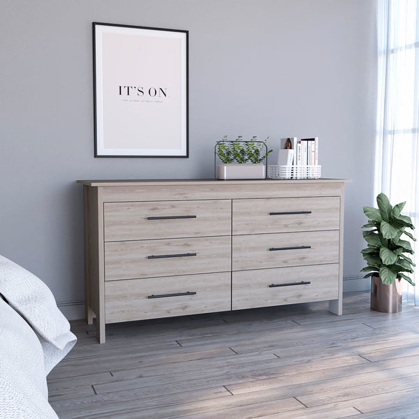 English Elm 6 Drawer Double Dresser Wezz Light Gray - Durable Particleboard, Black Metal Pulls, Smooth Gliders, 31.7" H B092S00141