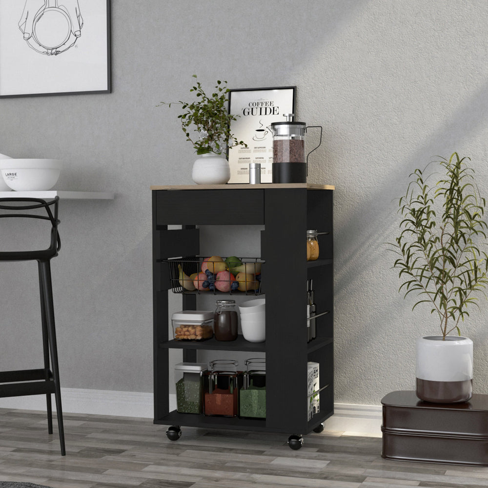 English Elm Kitchen Cart Sonex Black & Light Oak – Compact Mobile Kitchen Island with Drawer, Rack, Shelves & Casters B092S00124