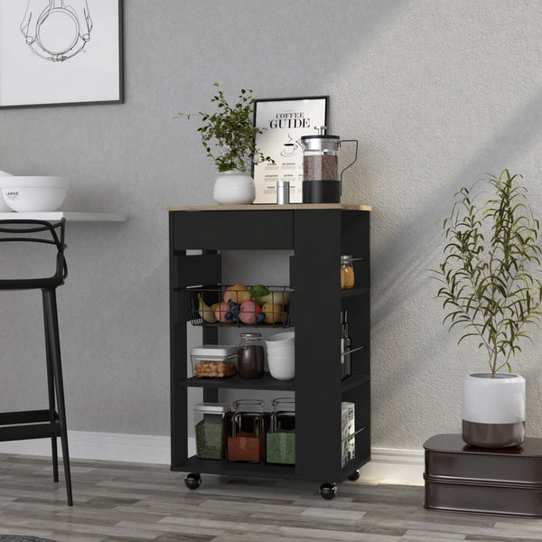 English Elm Kitchen Cart Sonex Black & Light Oak – Compact Mobile Kitchen Island with Drawer, Rack, Shelves & Casters B092S00124