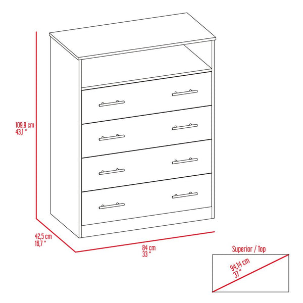 English Elm Four Drawer Wuju Dresser in Light Gray White – 4-Drawer Bedroom Chest with Open Shelf, Metal Hardware, Durable Particleboard Storage B092S00145