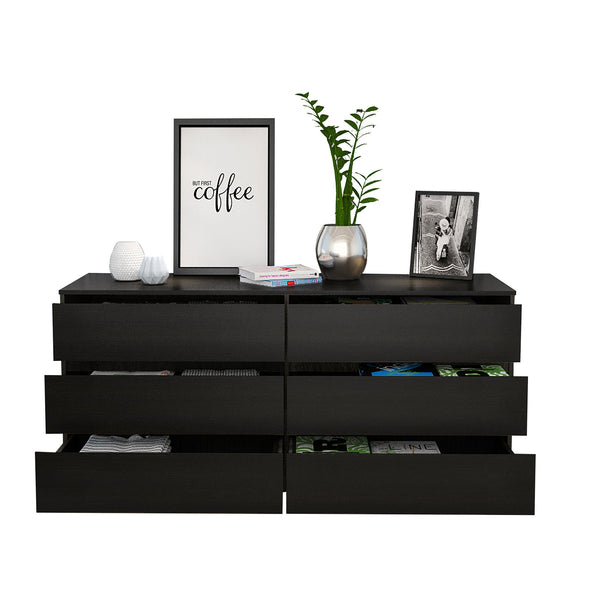 English Elm 6 Drawer Double Dresser Tronx Black – 60.4" Wide, Six Smooth Metal-Rail Drawers, Durable Particleboard Finish B092S00133