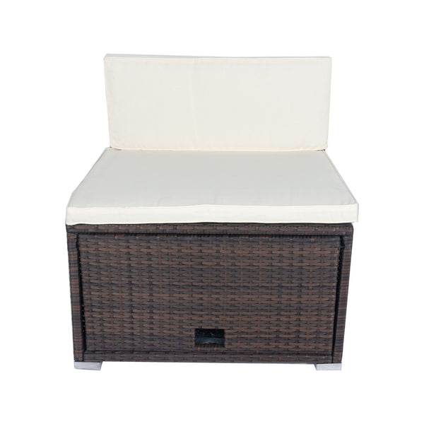 English Elm 11 Piece Patio Wicker Conversation Set with 10 Seats, Modular Layout, 3 Under-Seat Storage Boxes, Brown Wicker White Cushions W329S00047