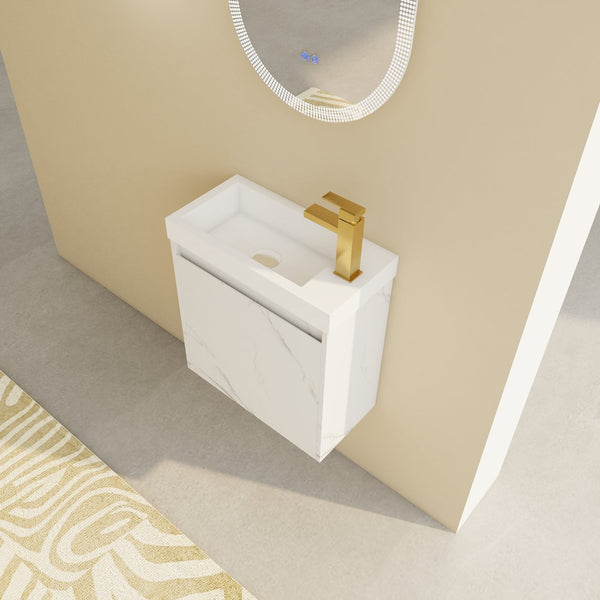 English Elm 20'' Floating Wall-Mounted Vanity with Resin Sink, Soft-Close Door & Open Shelves for Compact Baths White W999P143204