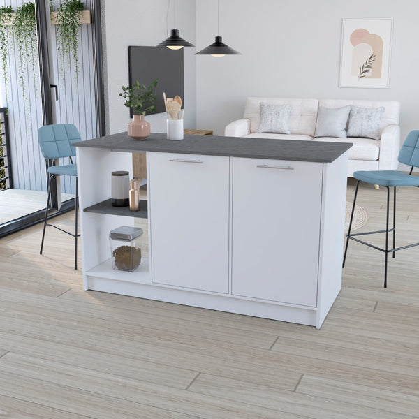 English Elm Kitchen Island Padua Solid Particle Board 59" Countertop 2 Open Shelves + Double-Door Cabinet, Onyx B092S00163