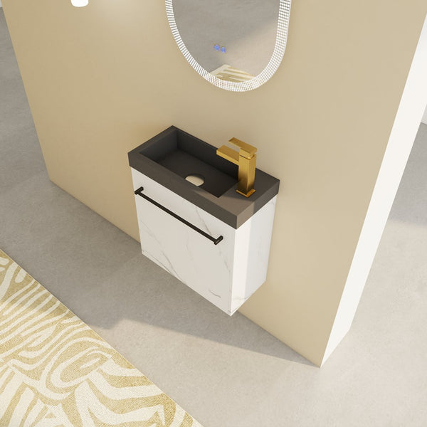 English Elm 20'' Floating Wall-Mounted Vanity with Resin Sink, Soft-Close Door & Open Shelves for Compact Baths White+Black W999P143207