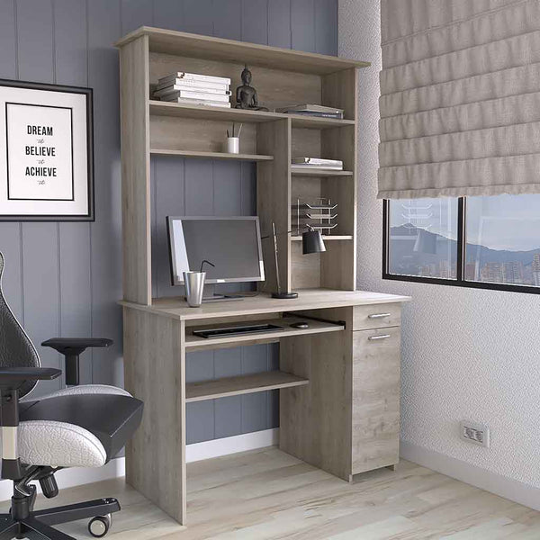 English Elm Computer Desk Acequia Light Gray with Hutch, Spacious Shelves, Durable Particle Board, 43.3"W Surface B092S00139