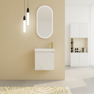 English Elm 20'' Floating Wall-Mounted Vanity with Resin Sink, Soft-Close Door & Open Shelves for Compact Baths White W999P143204