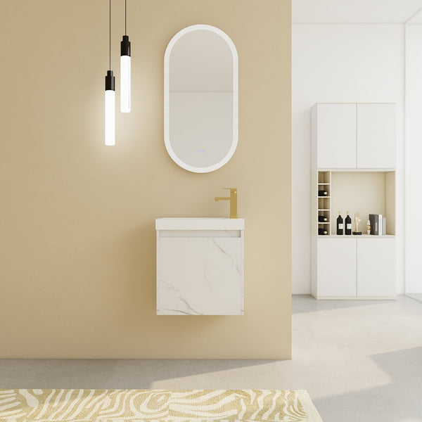 English Elm 20'' Floating Wall-Mounted Vanity with Resin Sink, Soft-Close Door & Open Shelves for Compact Baths White W999P143204