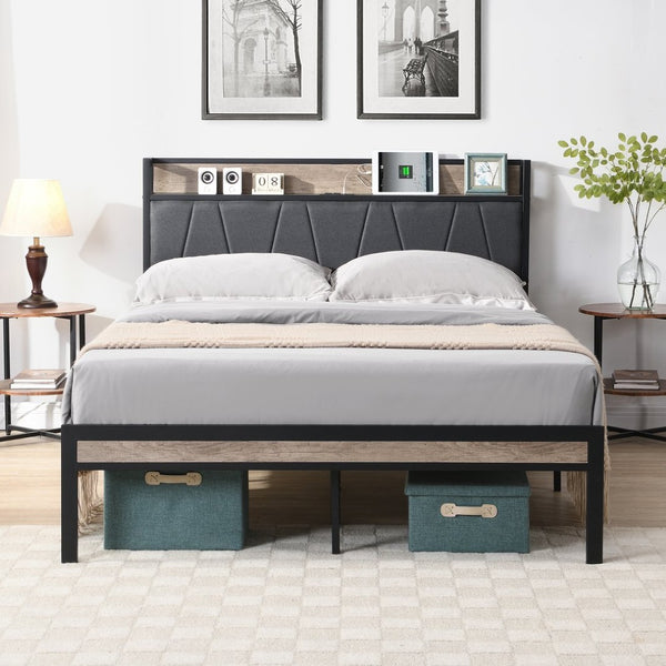 English Elm Queen Upholstered Platform Bed Steel Frame Usb Charging Under Bed Storage Modern W311133408