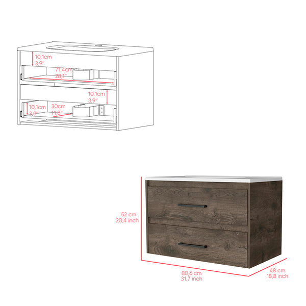 English Elm Wall Mounted Bathroom Vanity Alma - Dark Brown/White Wall-Mount Sink Cabinet with Two Drawers, Durable Particleboard Storage (36"x22") B092S00159