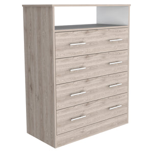 English Elm Four Drawer Wuju Dresser in Light Gray White – 4-Drawer Bedroom Chest with Open Shelf, Metal Hardware, Durable Particleboard Storage B092S00145