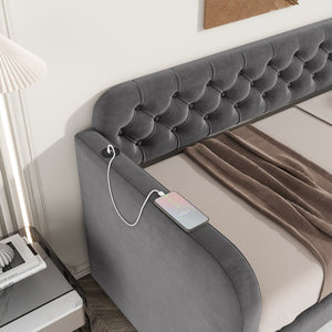 English Elm Twin Size Upholstered Daybed With Trundle & Usb Charging - Plush Velvet, Ideal For Living Room Use W1670S00017-GIGA