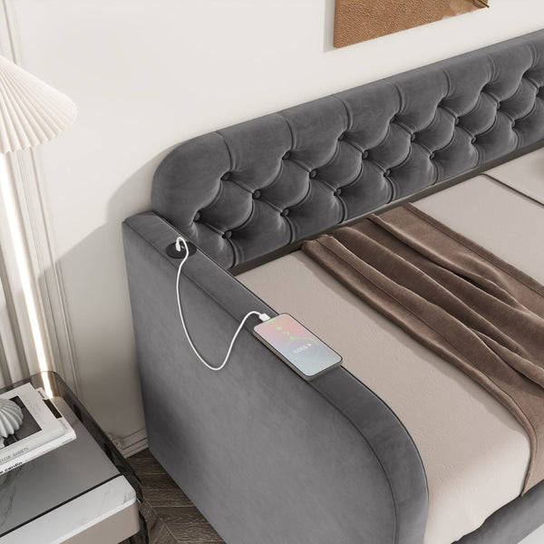 English Elm Twin Size Upholstered Daybed With Trundle & Usb Charging - Plush Velvet, Ideal For Living Room Use W1670S00017-GIGA