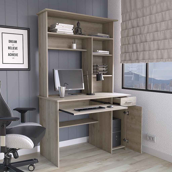 English Elm Computer Desk Acequia Light Gray with Hutch, Spacious Shelves, Durable Particle Board, 43.3"W Surface B092S00139