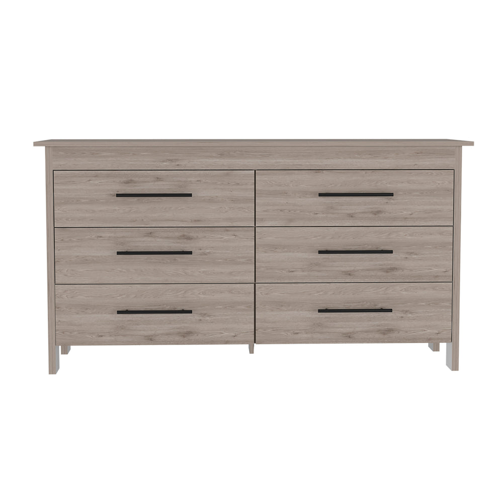 English Elm 6 Drawer Double Dresser Wezz Light Gray - Durable Particleboard, Black Metal Pulls, Smooth Gliders, 31.7" H B092S00141