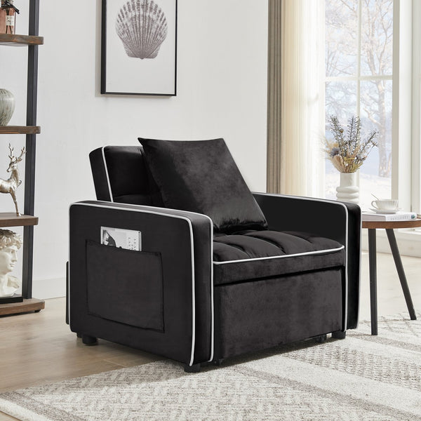 English Elm Three-in-one velvet sofa bed chair convertible recliner ottoman sleeper with tufted luxury comfort and support Black W1359137373