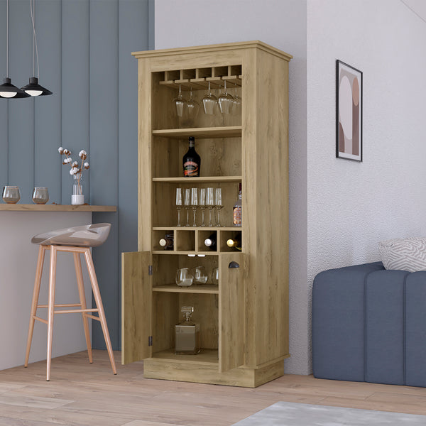 English Elm Bar Cabinet Provo Macadamia Beige – Elegant Living Room Wine Display with 4 Racks, Stemware & Shelves B092S00165
