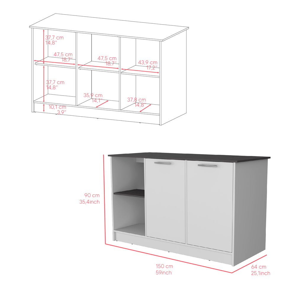 English Elm Kitchen Island Padua Solid Particle Board 59" Countertop 2 Open Shelves + Double-Door Cabinet, Onyx B092S00163