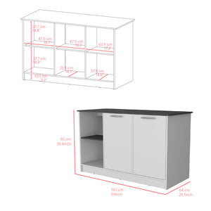 English Elm Kitchen Island Padua Solid Particle Board 59" Countertop 2 Open Shelves + Double-Door Cabinet, Onyx B092S00163