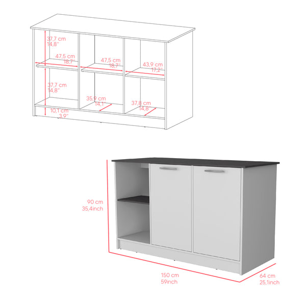 English Elm Kitchen Island Padua Solid Particle Board 59" Countertop 2 Open Shelves + Double-Door Cabinet, Onyx B092S00163