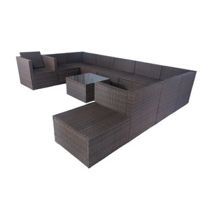 English Elm 11 Piece Patio Wicker Conversation Set with 10 Seats, Modular Layout, 3 Under-Seat Storage Boxes, Brown Wicker White Cushions W329S00047