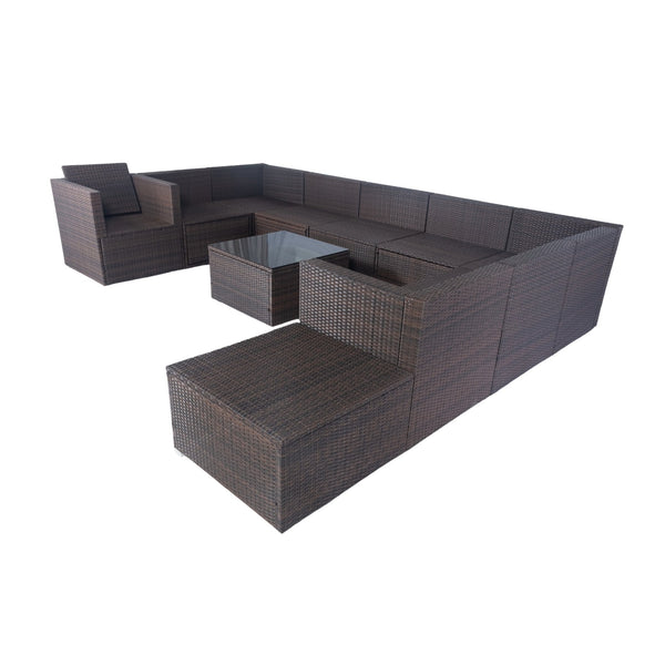 English Elm 11 Piece Patio Wicker Conversation Set with 10 Seats, Modular Layout, 3 Under-Seat Storage Boxes, Brown Wicker White Cushions W329S00047