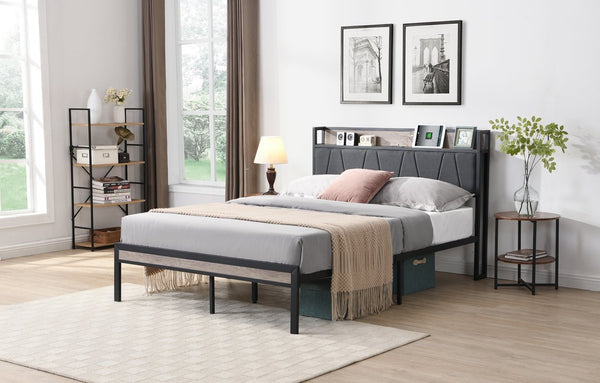 English Elm Queen Upholstered Platform Bed Steel Frame Usb Charging Under Bed Storage Modern W311133408
