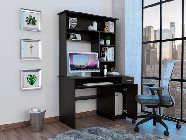 English Elm Computer Desk Acequia Modern Black Office Desk with Hutch, Spacious Shelves, Durable Particle Board, Compact 43.3"W x 22.9"D B092S00138