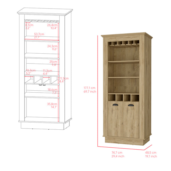 English Elm Bar Cabinet Provo Macadamia Beige – Elegant Living Room Wine Display with 4 Racks, Stemware & Shelves B092S00165
