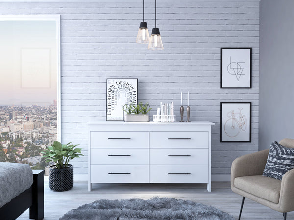 English Elm 6 Drawer Double Dresser Wezz White - Durable Particle Board, 6 Spacious Drawers, Black Metal Pulls, 31.7" Height B092S00126